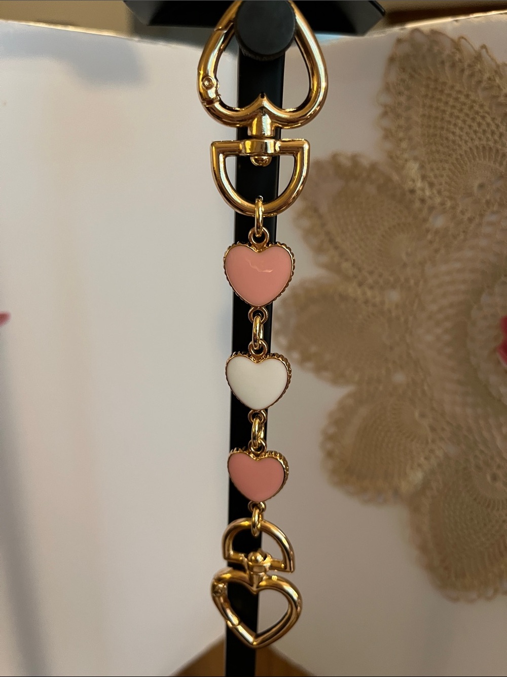 Goldtone Heart Charm Keychain/ Handle-Strap extension with Pink & White Hearts.